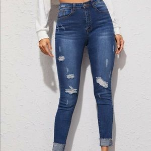 High Waisted Ripped Cuffed Hem Skinny Jeans